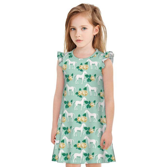 Fotbe Horse And Flower Vestido de Dormir para Niñas de 3 a 10 Años, Mangas Cortas, Estilo Princesa, Pijama Camisón con Mangas Voladas-XX-Large