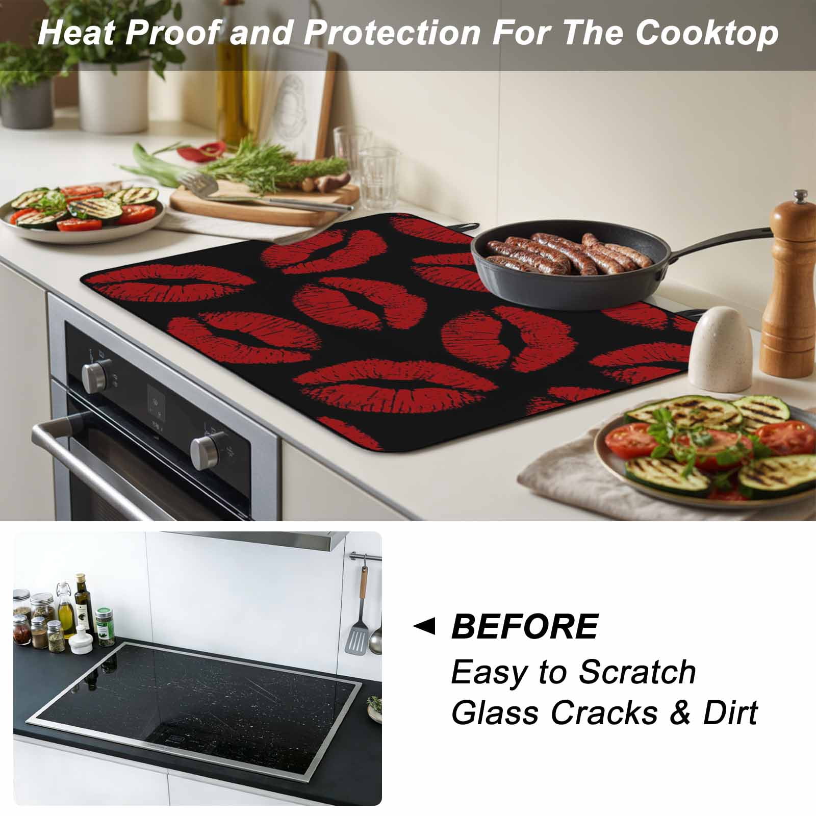 Red Lips Stove Top Cover for Electric Stove, Heat-proof & Non Slip Glass Top Stove Cover Protector, Modern Abstract Romantic Texture Aesthetic Kitchen Flat Cooktop Rubber Mat 24x21 Inches