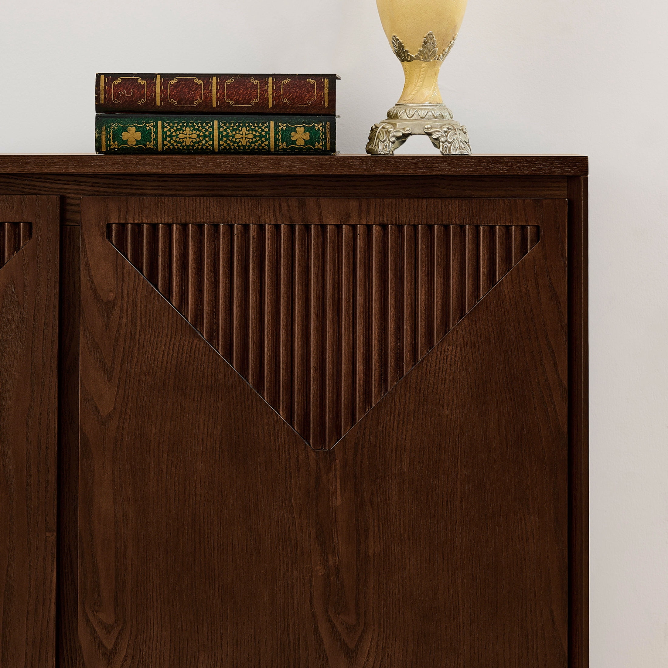 GDF Studio 39" Mid Century Modern V-Shaped Fluted Sideboard Cabinet with Outlet Holes, Dark Walnut