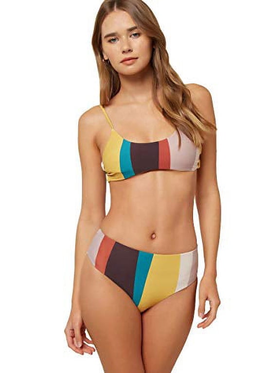 Women's High Waist Hipster Bikini Swimsuit Bottom (Rainbow/Sapa Stripe, M)