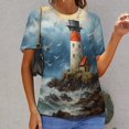 thumbnail image 6 of Lighthouse Sunrise Coast Scenery Pale Blue Tan Womens Tops Women's Fashion Casual Short Sleeve Flower Print Round Neck Pullover Top Blouse, 6 of 6
