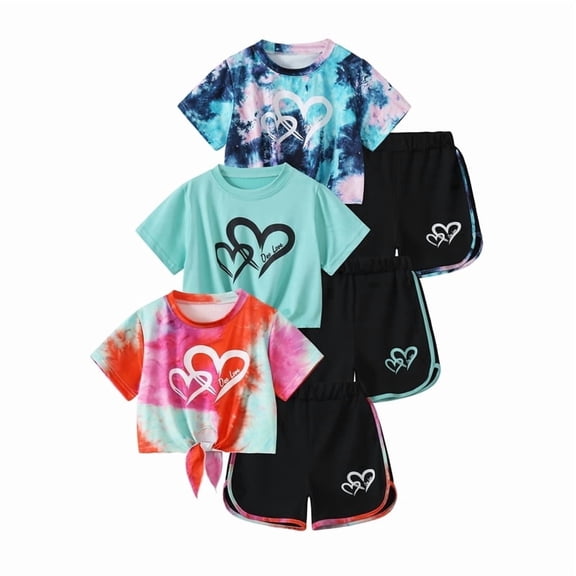 Fdqin Girls Summer Outfits 6 Pcs Tie-dye Heart Print Casual Short Sleeve Tee Tops and Dolphin Shorts Set Red Light Green Blue 7-8 Years