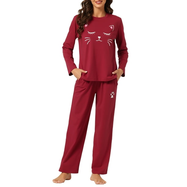 Conjuntos de lounge para mujeres INSPIRE CHIC, camisetas de manga larga con estampado de gatos y pantalones, pijamas con bolsillos S rojo