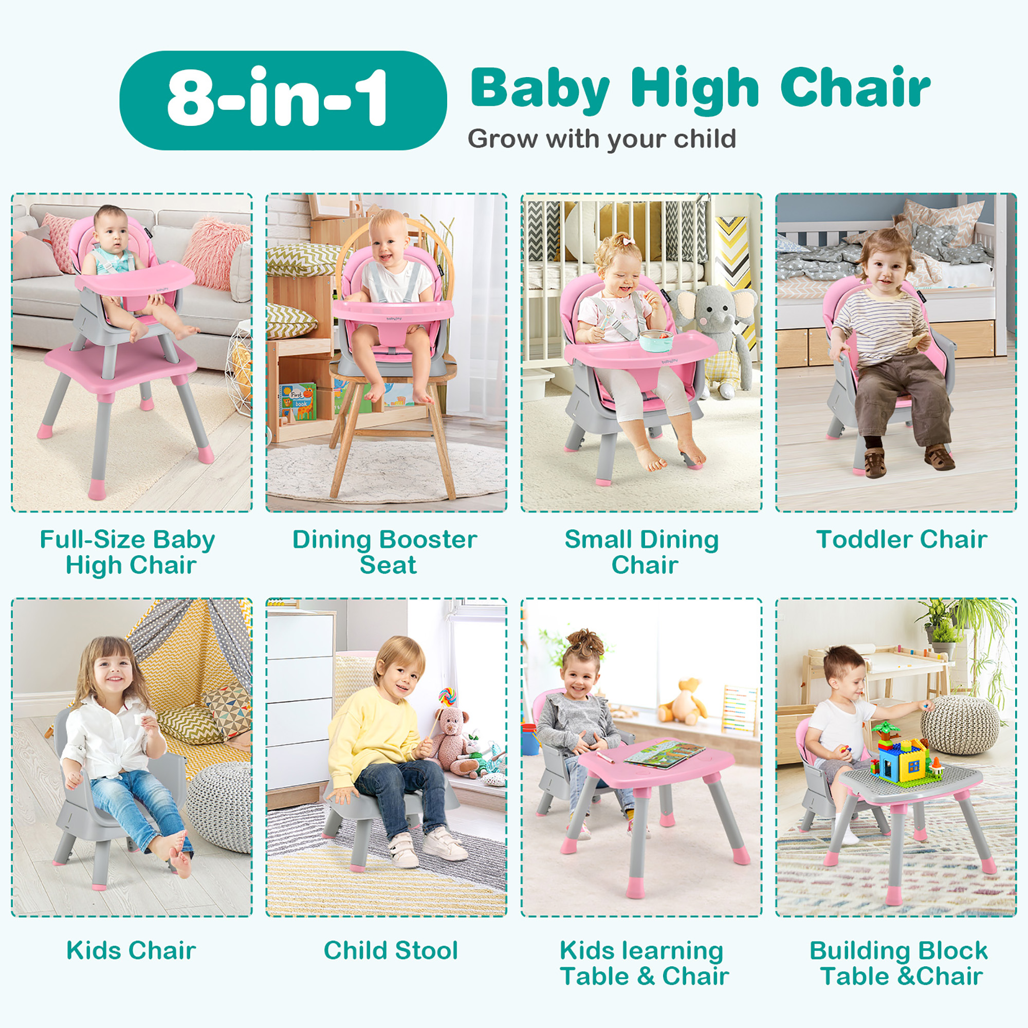 Costway 8-in-1 Convertible Baby High Chair with Removable Tray, Pink photo 5