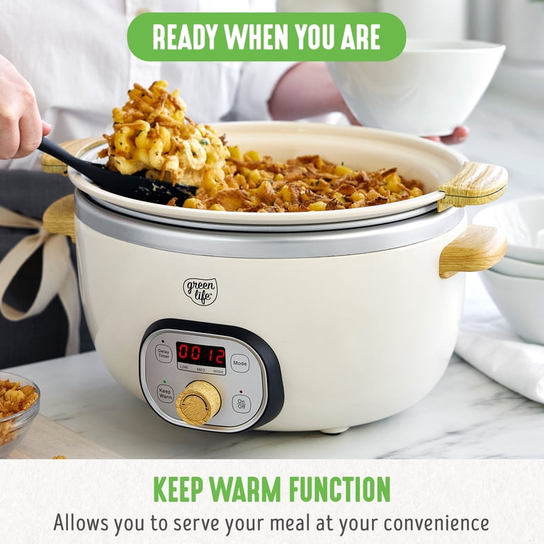 GreenLife 6 Quart Non Stick Slow Cooker, Removable Pot, Cream
