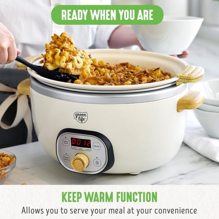 GreenLife 6 Quart Non Stick Family Meal Slow Cooker with Removable Pot, Cream