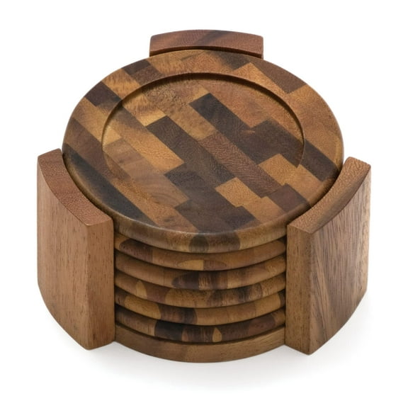Lipper International 1134 Acacia End Grain Wood Round Coasters and Caddy, 7-Piece Set