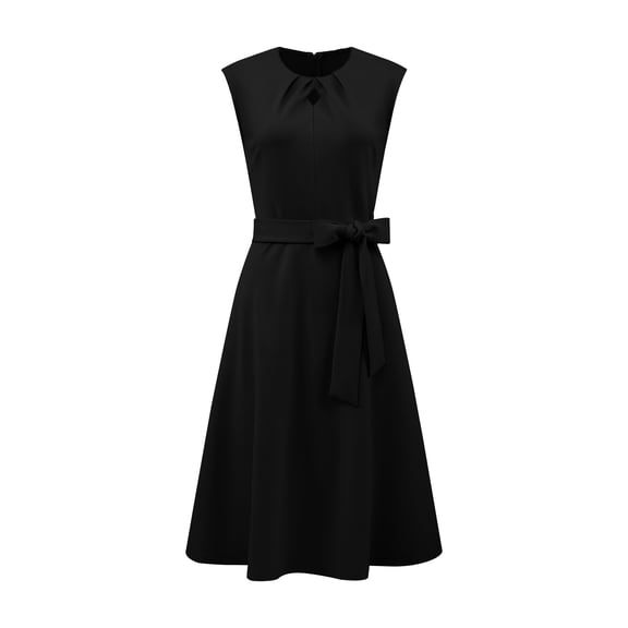 DARING DIVA Women's A-Line Sleeveless Dress Pleated Neck Tie Waist Work Dresses S Black