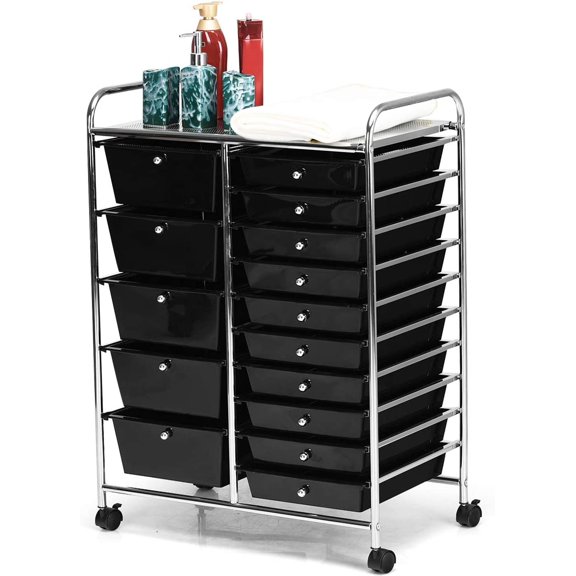 KOTEK 15-Drawer Rolling Storage Cart, Multipurpose Mobile Utility Cart with 4 Wheels, Home Office School Tools Scrapbook Paper Organizer (Black)