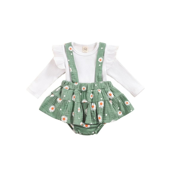 Seyurigaoka Baby Girls Ribbed Fly Sleeve Round Neck Pullover + Flower Print Overalls