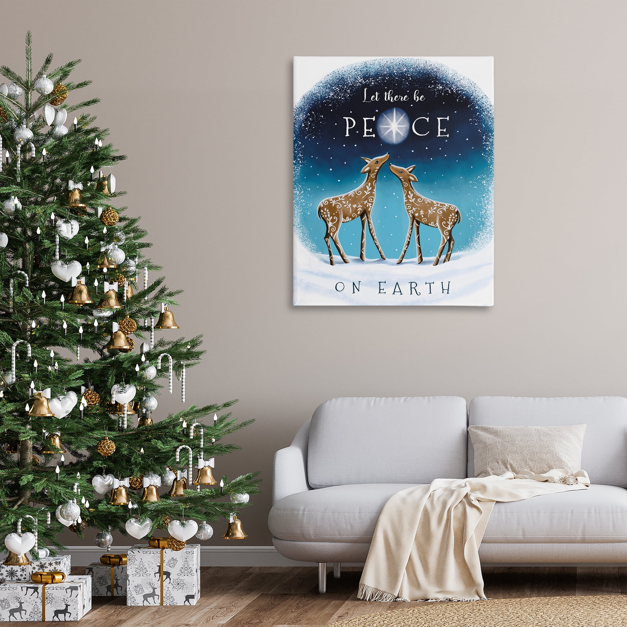 Stupell Industries Peace On Earth Reindeer Holiday Painting Gallery Wrapped Canvas Art Print Wall Art, 36 x 48