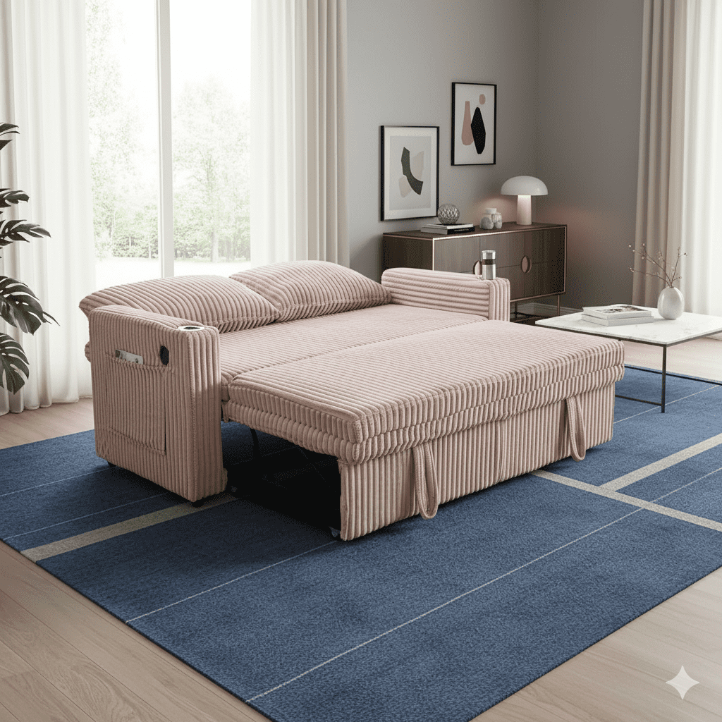Vinform Sofa Bed with Pull Out Couch, 65" Convertible 3-in-1 Sleeper Sofa Bed for Living Room Small Space, Corduroy (Pink)