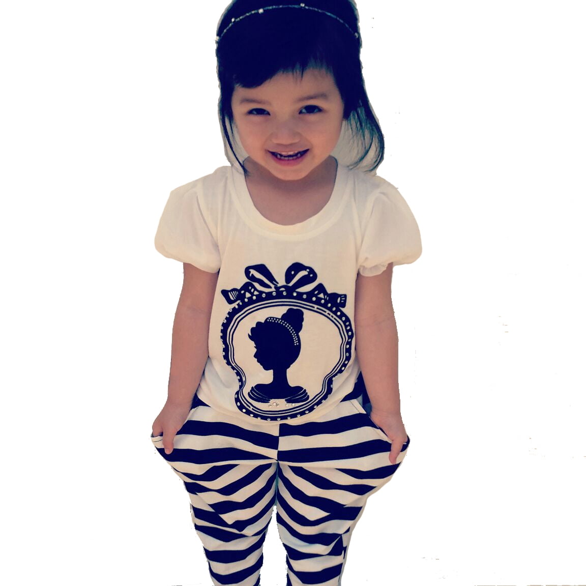 K-Cliffs Little Girls 2 Piece Casual  Young Princess Portrait Silhouette in Black Velvet in Victorian Frame with Black/White Striped Capri Pants, 3Y, 100% Cotton
