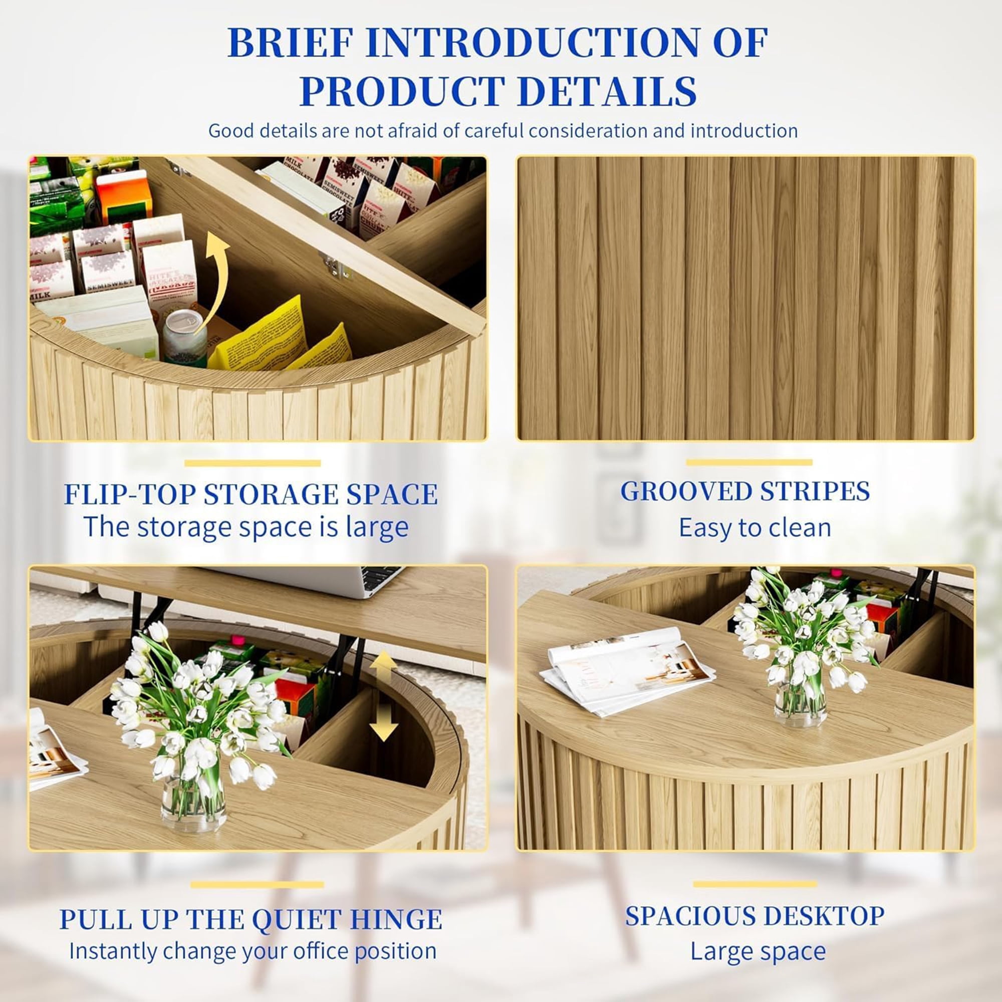 Round Coffee Tables for Living Room, Lift Top Coffee Table with Storage, Circle Center Table for Office, Wood Color