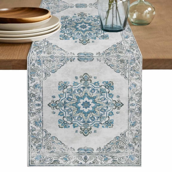 Vintage Teal Short Table Runner 36 Inches Long,Boho Ethnic Mexican Floral Southwestern Cotton Linen Table Runners Dresser Scarves,Fabric Tabletop Scarf Furniture Cover for Home Dinner Party 13"x36"