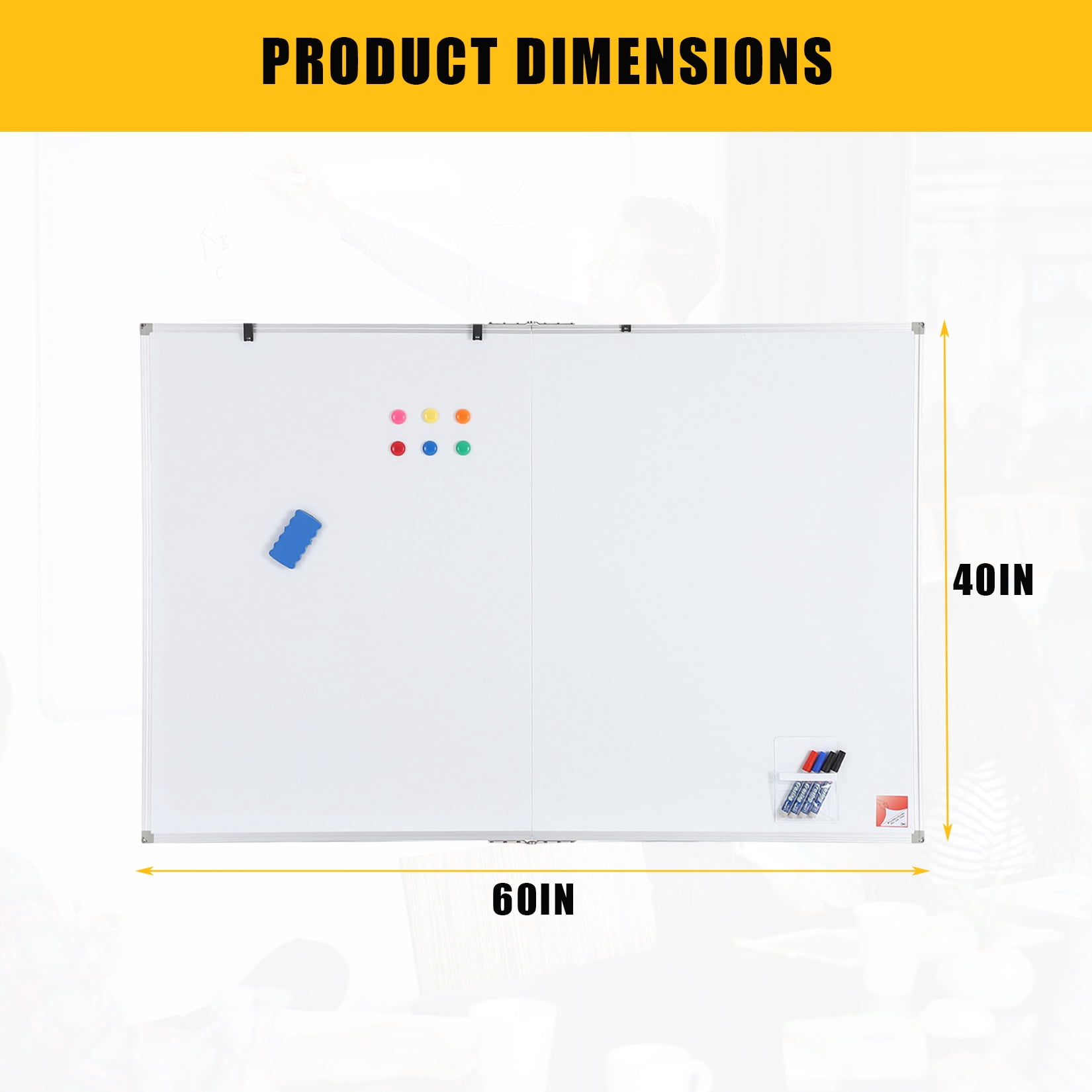 Ataujin Magnetic Whiteboard 60x40 Inch, Large Dry Erase Board with Aluminum Frame & Deep Pen Tray, Hanging Mounted Whiteboard, Smooth Writing Surface for Office, Classroom, Home