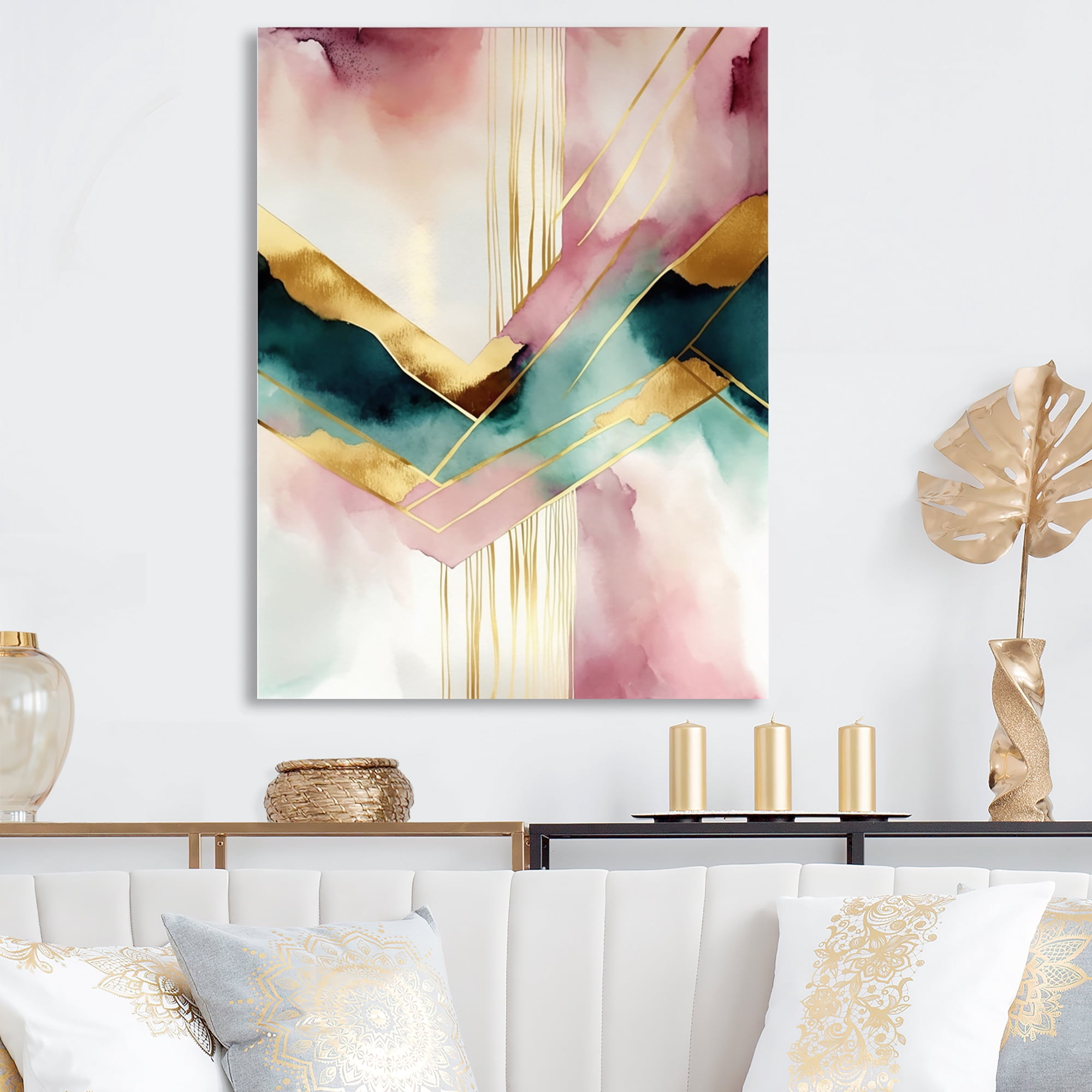 Designart Abstract Geode Geometric Pink And Green III Canvas Wall Art