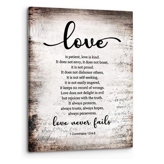 1 Corinthians 13:4-8 Love Never Fails Bible Verse Scripture Print Framed Canvas Wall Art, Home Decor for Office Living Room Bedroom, Inspirational Religious Wall Decor Gift