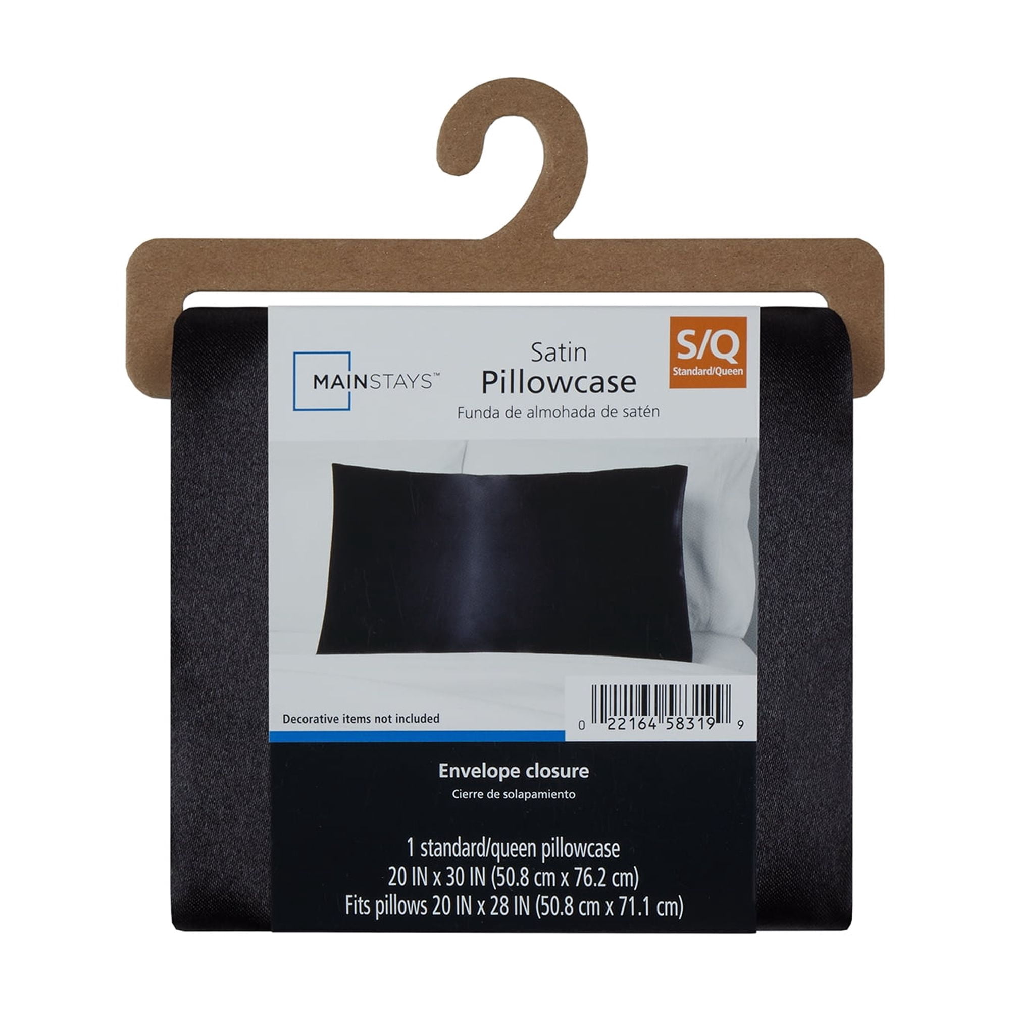 Mainstays Satin Pillowcase – Standard – Classic Black – Frizz Control & Cooling Comfort – 1 Pack