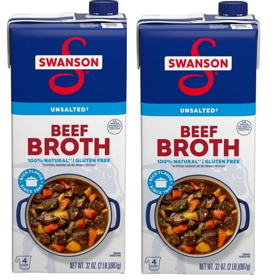 Swanson 100% Natural, Gluten-Free Unsalted Beef Broth, 32 oz Carton pack of 2