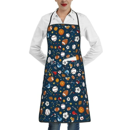 

Qekee Ball Sports Print Adjustable Bib Apron Resistant with Pocket Cooking Kitchen Aprons for Women Men Server Chef Apron