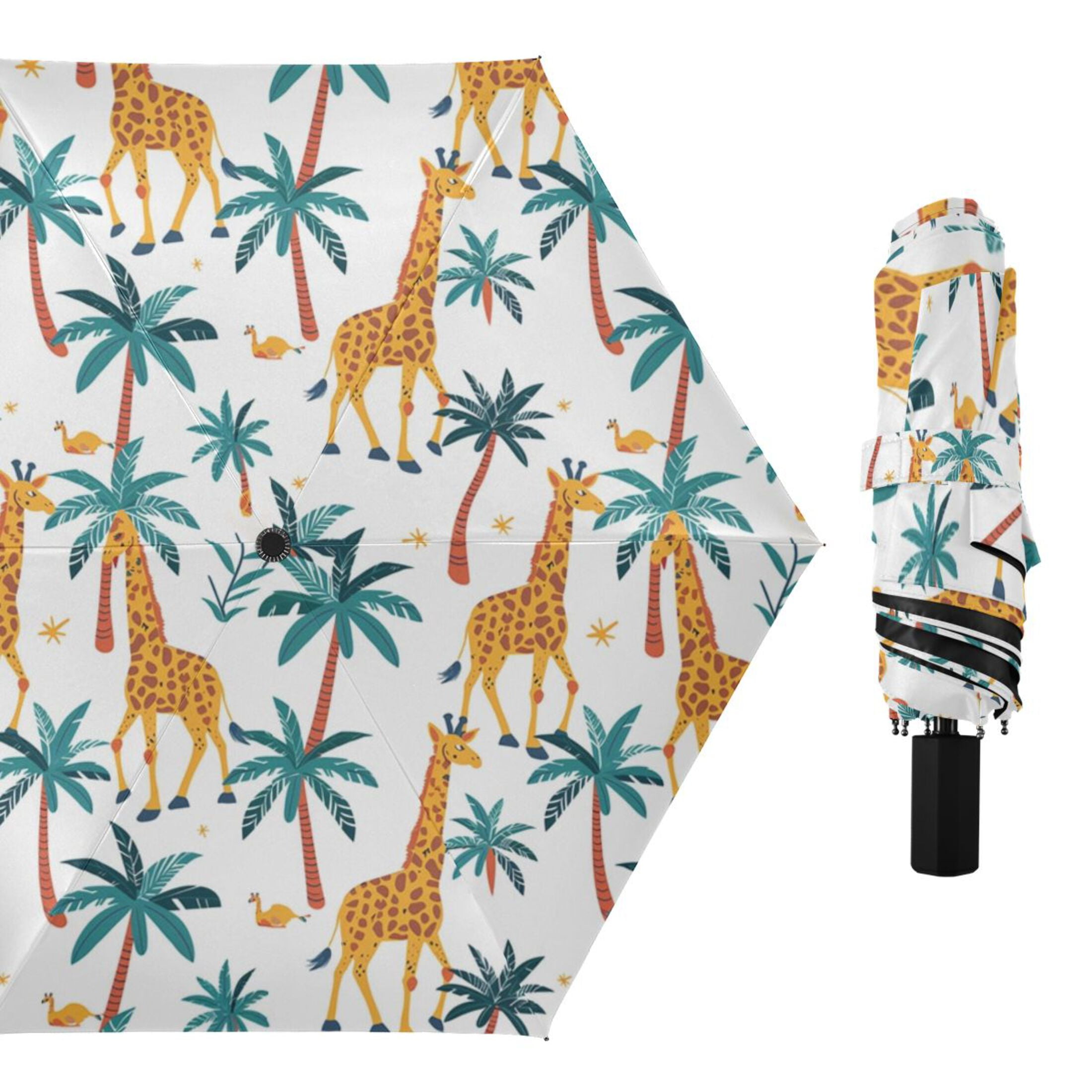 ALAZA Giraffes Palm Tree UPF 50+ Compact Folding Umbrella for Rain Travel Umbrella Packable