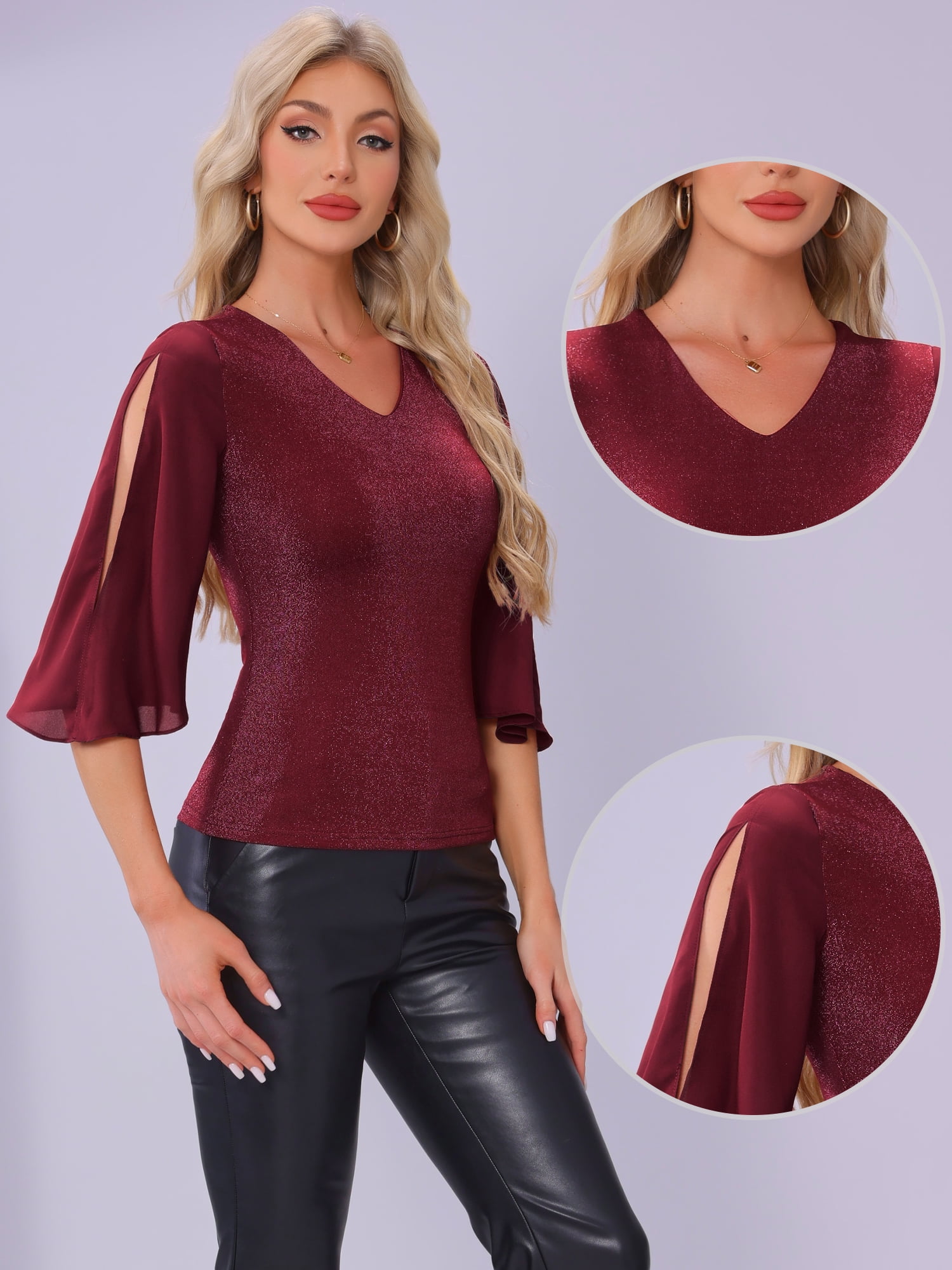 DARING DIVA Women's V Neck Glitter Sparkly 3/4 Sleeve Top XS Red