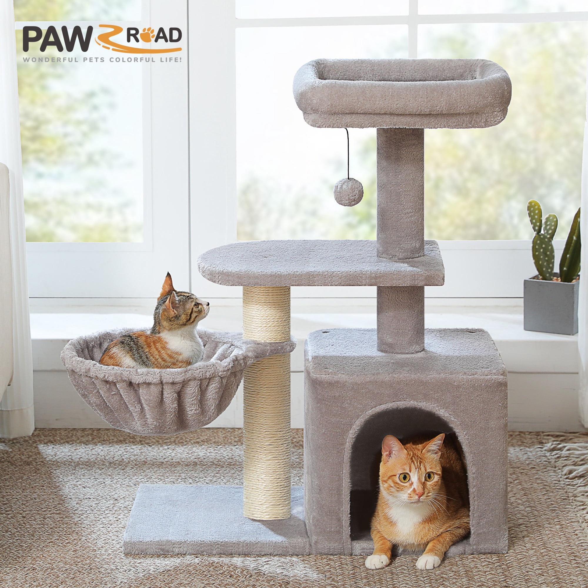 PAWZ Road 31" Medium Cat Tree Modern Scratcher with Hammock and Condo for Indoor Cats Gray