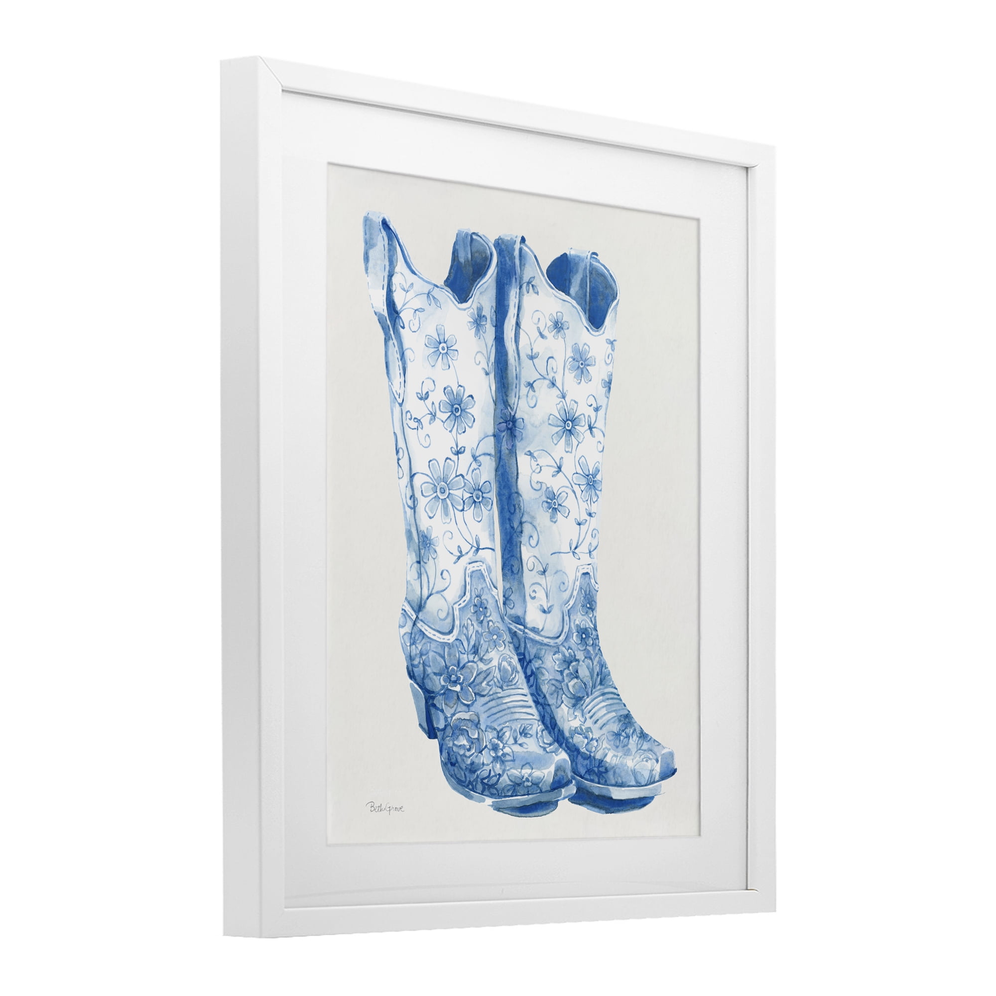 Stupell Industries Blue Boots with Floral Embroidery White Framed Print Under Glass, design by Beth Grove