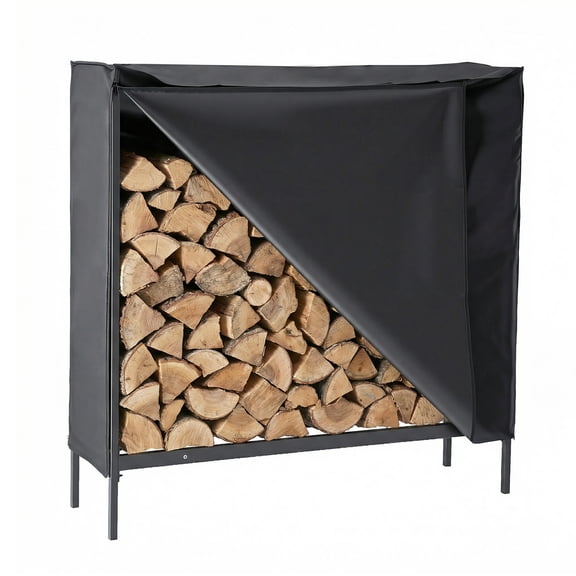EDX 4 ft Black Firewood Rack with Waterproof Cover, Steel Log Holder for Indoor and Outdoor Use, Black