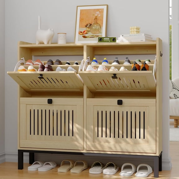4-Door Flip Front Shoe Cabinet with Adjustable Shelves – Hidden Entryway Storage Organizer for Hallway, Foyer, Living Room – Freestanding Wooden Shoe Rack with Large Capacity & Modern Design, Natural