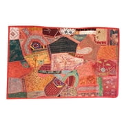 Mogul Decorative Embroidered Reds, Oranges, Sunset Hues, Pinks, Green and Black SAri Wall Decor Patchwork Vintage Tapestry Table Runner