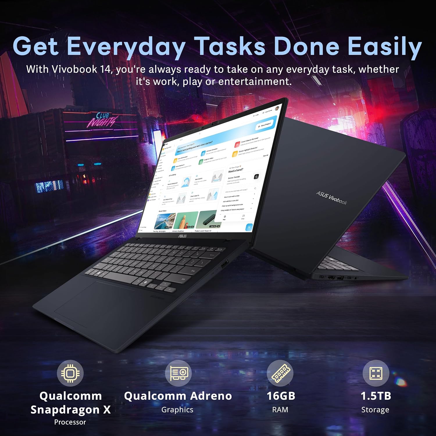 ASUS Vivobook 14" WUXGA Laptop, Snapdragon X Processor, 16GB RAM, 1.5TB Storage (512GB SSD + 1TB Docking Station), Qualcomm Adreno Graphics, Copilot, Webcam, Wi-Fi 6E, Windows 11 Home, Quiet Blue