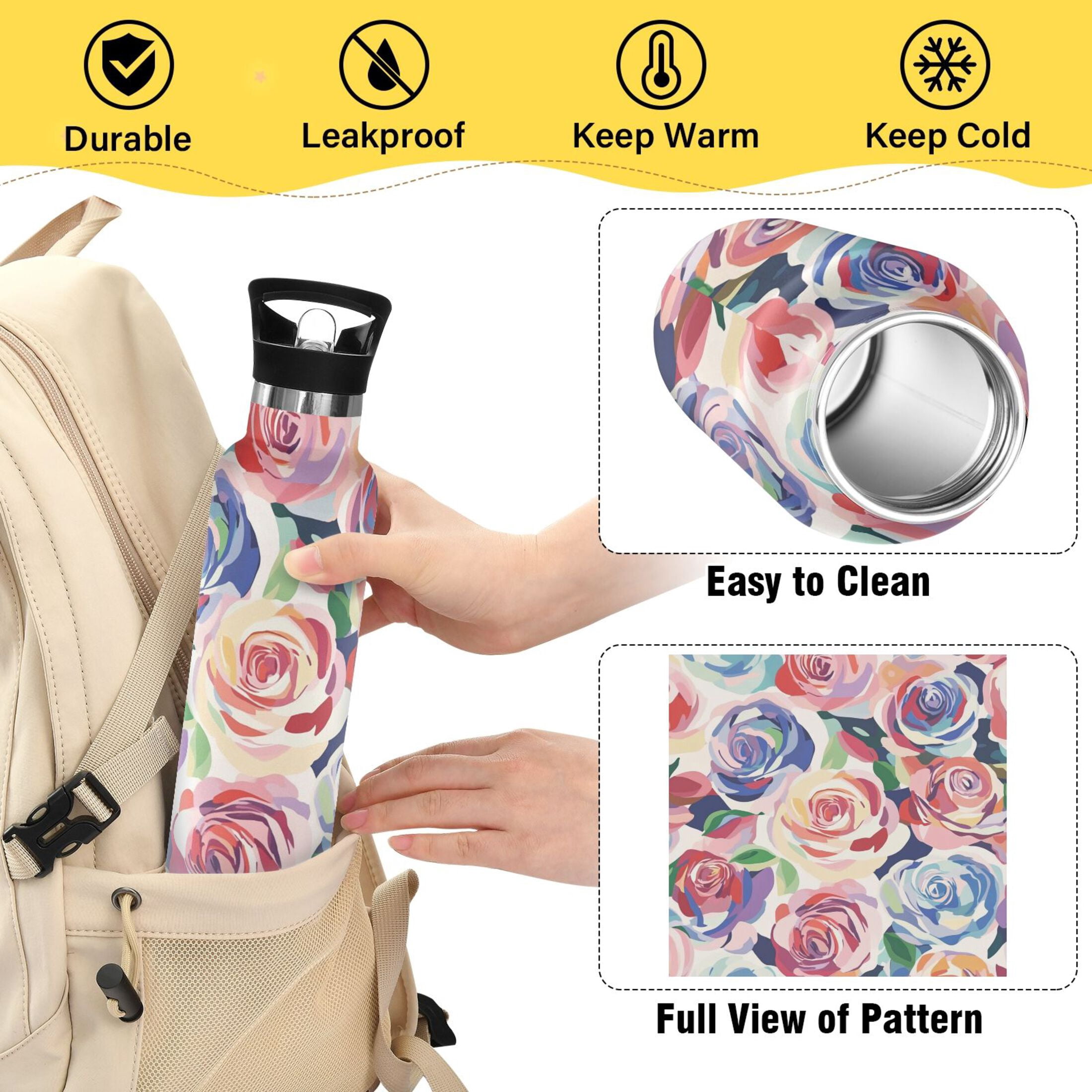 Kids Insulated Stainless Steel Sports Water Bottle 600ml (20oz) Modern Art Roses
