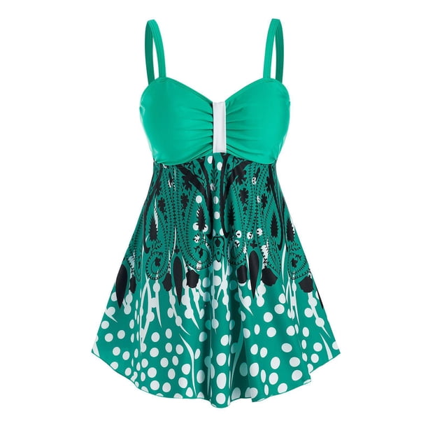 PLUS TAMAÑO PAISLEY POLKA DOT PRINT CONFIGURACIÓN DE TANKINI PADED RUCHED Rosegal Camisetas sin mangas de talla grande