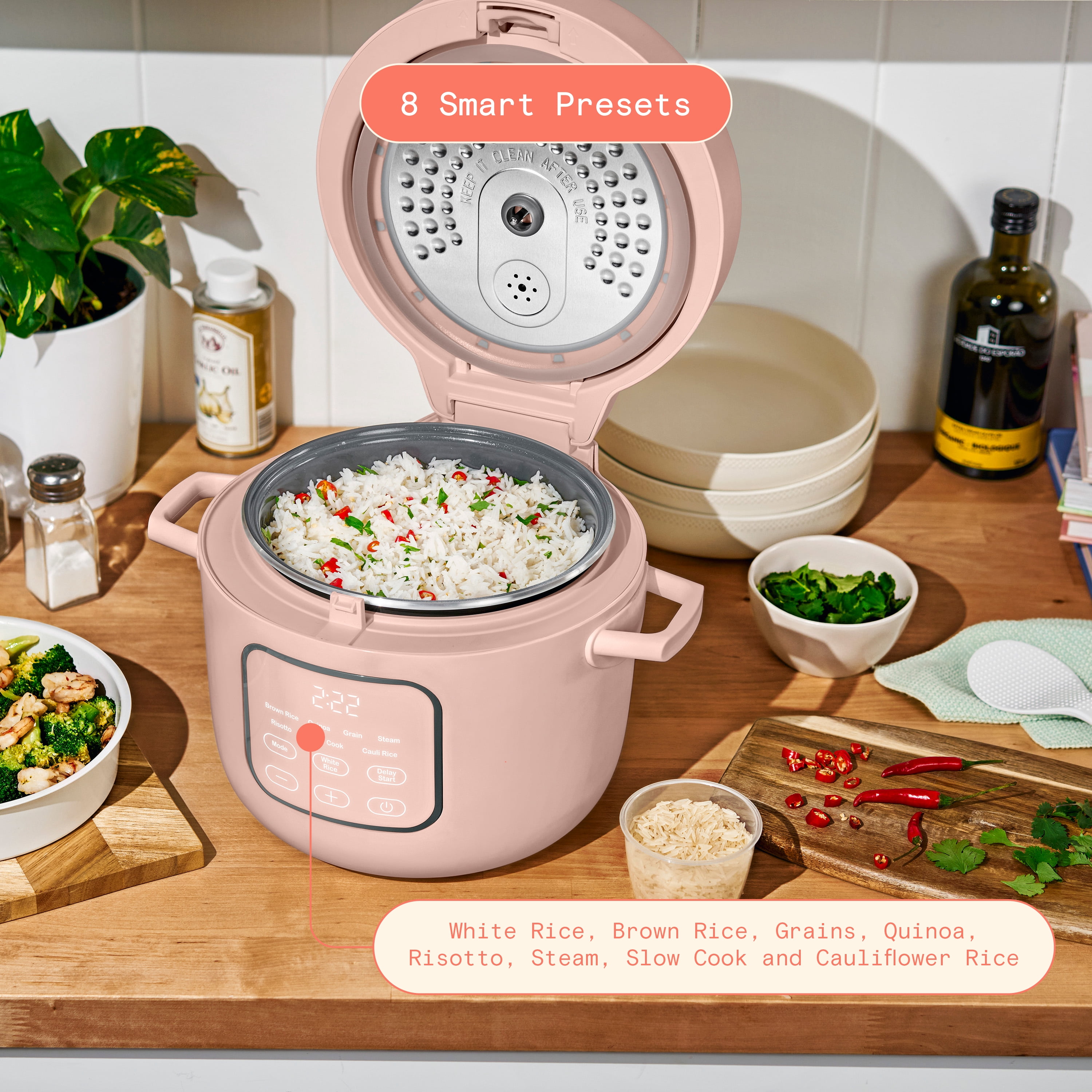 Beautiful 14-Cup Cooked, 6-Cups Uncooked Electric Rice and Grain Cooker, EverGood™ Ceramic Nonstick Coating, Rose by Drew Barrymore