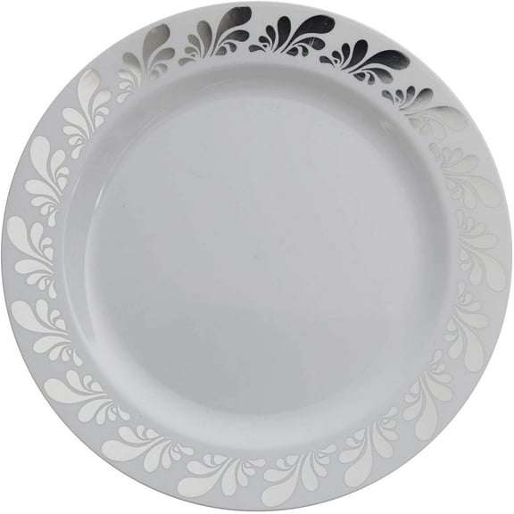 Exquisite White/Silver Splash Wedding & Party Dinnerware Disposable Plastic Plates 10.25" 40 Pack