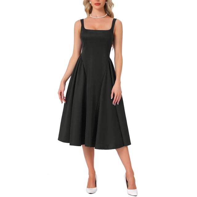 Vestido midi sin mangas de cuello cuadrado para mujeres, vestido de fiesta elegante y clásico, color negro, ideal para invitados a bodas.