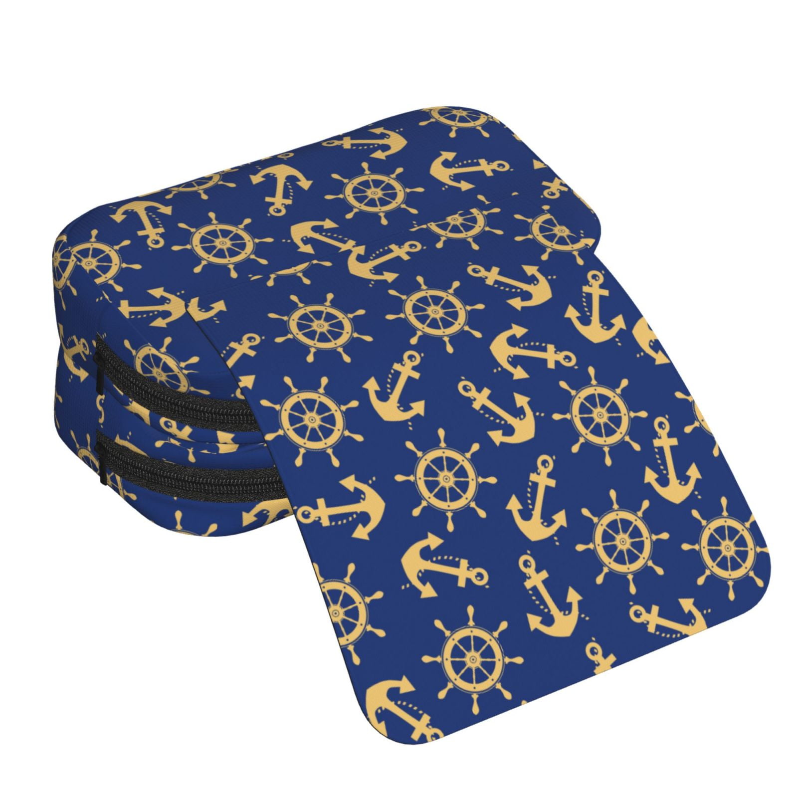 Rateoe Anchors and Nautical Pattern Double Clamshell Pen Case, Storage Organizer with Two Zipper Compartments– Holds Up to 50 Pencils & Pens
