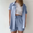 thumbnail image 2 of GILIGEGE Linen Sets for Women 2 Piece Summer Women's Spring and Summer Short Sleeve Shorts Solid Color Cotton Linen Thin Shirt Button Suit Lounge Beach Vacation Two Piece Outfits Tracksuits Blue L, 2 of 5