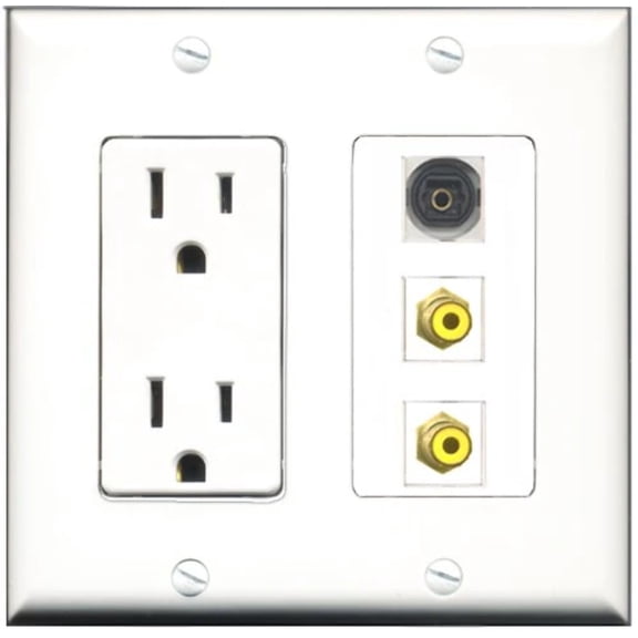 RiteAV - 15 Amp Power Outlet 2 Port RCA Yellow 1 Port Toslink Decorative Wall Plate