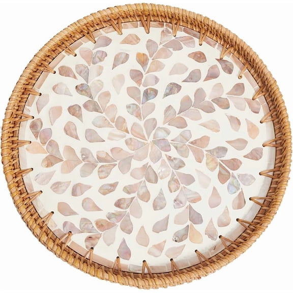 Round Rattan Tray Rattan Woven Serving Tray Wooden Base Hand Woven Basket Decorative Wicker Basket Organizer Tray for Table Decor Storage Display Breakfast Coffee Bread Fruit Linen 11.8Inch DIY