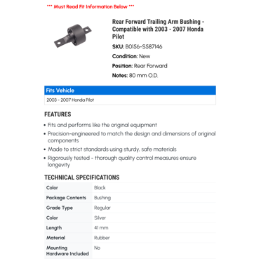 Pair Of Rear Trailing Arm Bushings For 2003-2008 Honda Pilot – Front Lower Position (OE Spec) 0308621BAPX2