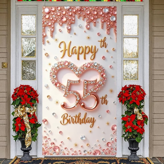 Pink Gold Happy 55th Birthday Banner Studded 55th Birthday Display Heart Shaped Sparkling Luxury Birthday Banner for 55th Birthday Party Luxury Celebration Women's Birthday