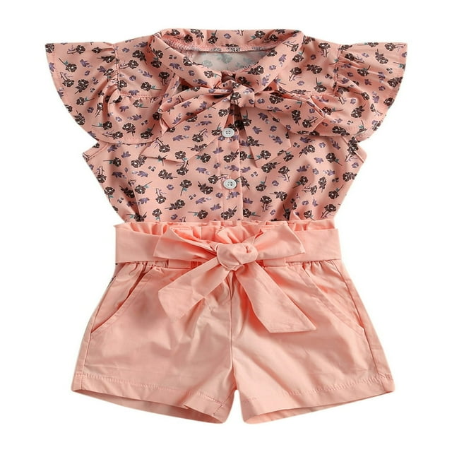 Petites Filles Hauts Sans Manches à Rayures Shorts Larges avec Nœud 1-6 Ans