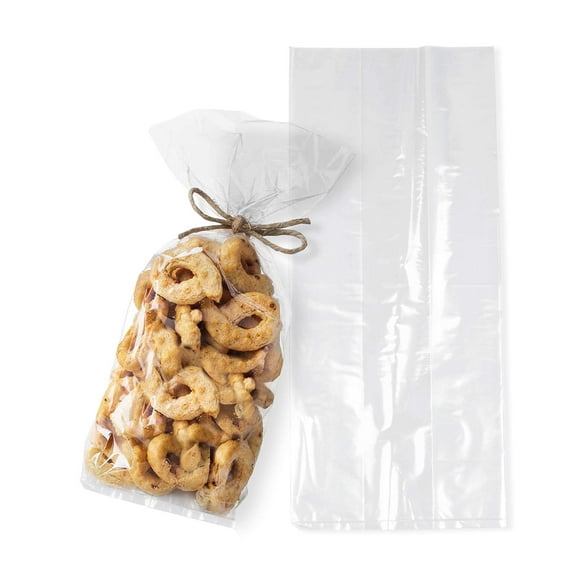 Clear Gusseted Poly Bags, 5 x 3.5 x 12 Inch. Pack of 100 Gusseted Plastic Bags 1 Mil Thick for Favors with Open Top. Clear Plastic Bags for Packaging Cookies, Popcorn, Candies, Homemade Bread