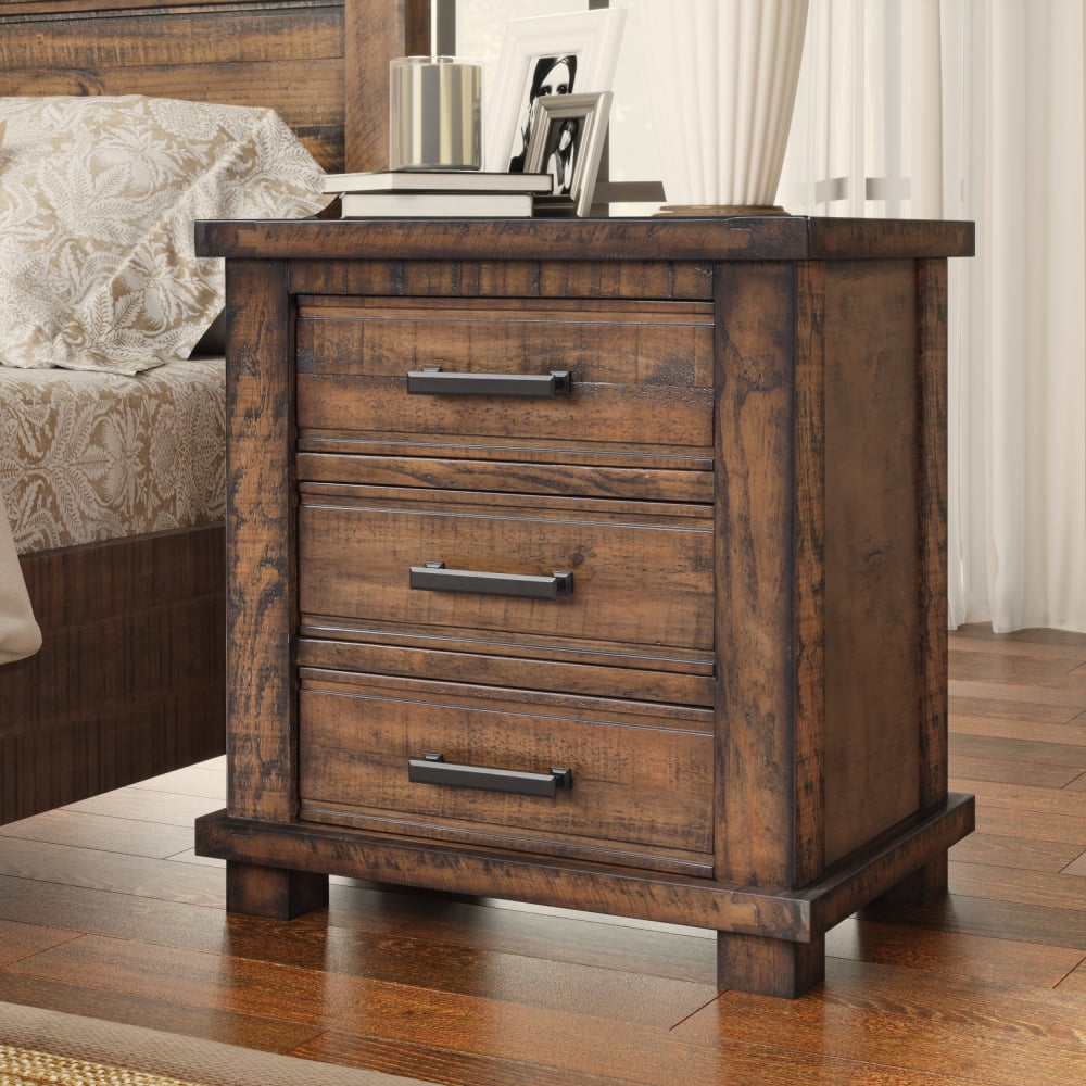 Three Drawer Reclaimed Pine Wood Nightstand, Natural