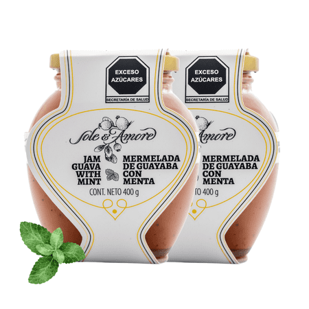 Sole E Amore - Gourmet Guava Jam 14 oz - Fruit Preserves - Mermelada de Guayaba - Fruit Spread Perfect for Toast, Bagels, and More (2 Pack, Guava with Mint)