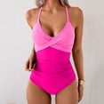 thumbnail image 5 of Women's One Piece Swimsuits Tummy Control Front Cross Bathing Suits Tie Back Slimming V Neck Solid Color Swimwear Hot Pink L, 5 of 6