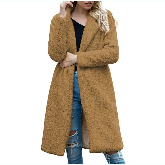 qolati Womens Trench Coats Fuzzy Fleece Winter Jacket Faux Furs Lapel Coat Open Front Long Sherpa Cardigan Teddy Coat